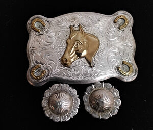 Diablo Belt Buckle Horse Gold + Sterling with 2 Belt Buttons 925 Silver *J5847
